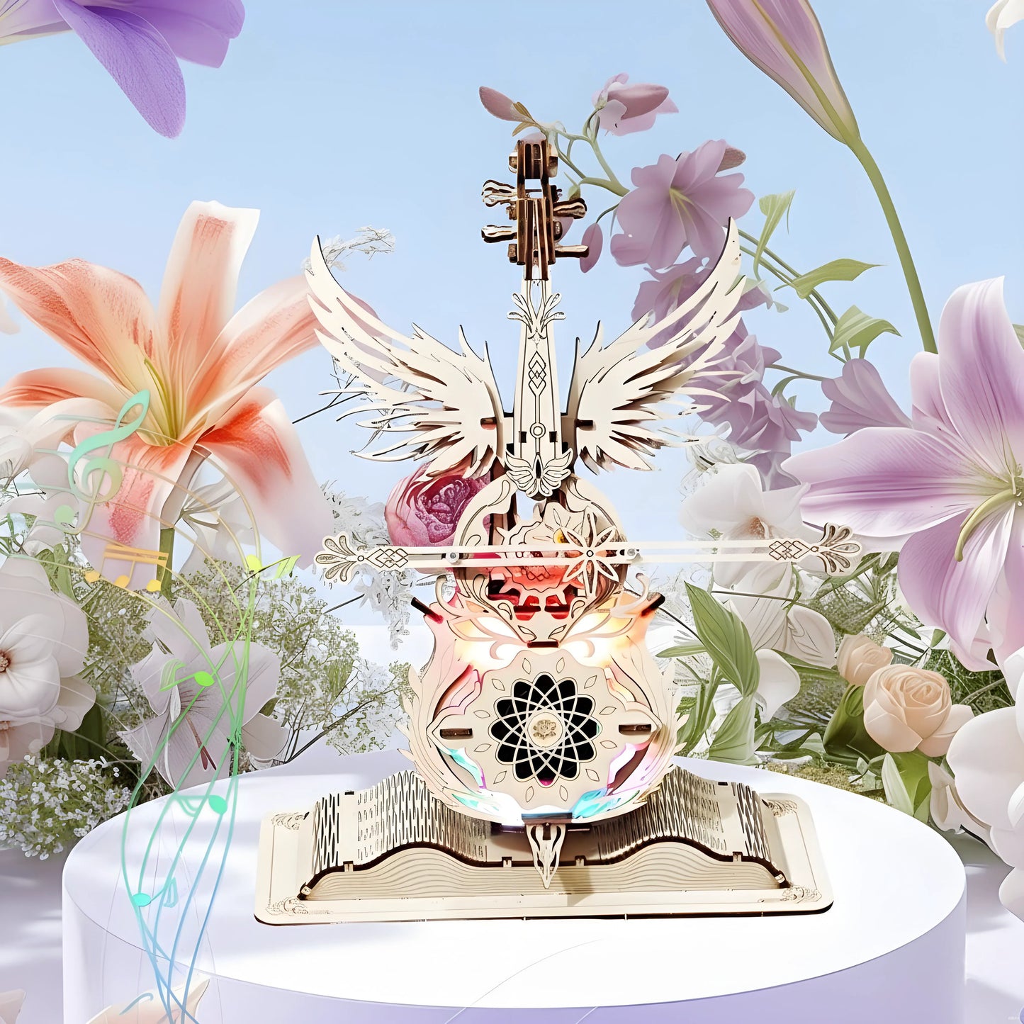 Close-up of linden wood craftsmanship and Bluetooth speaker module in DIY cello kit, highlighting fine wood texture and motor module.