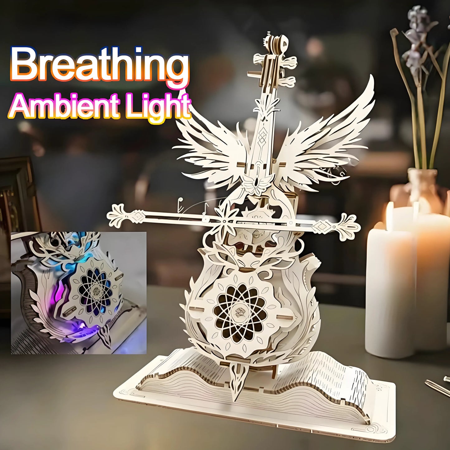 Assembled 3D linden wood cello Bluetooth speaker playing music on a desk, adding creative décor to home or office.