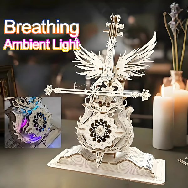 Assembled 3D linden wood cello Bluetooth speaker playing music on a desk, adding creative décor to home or office.