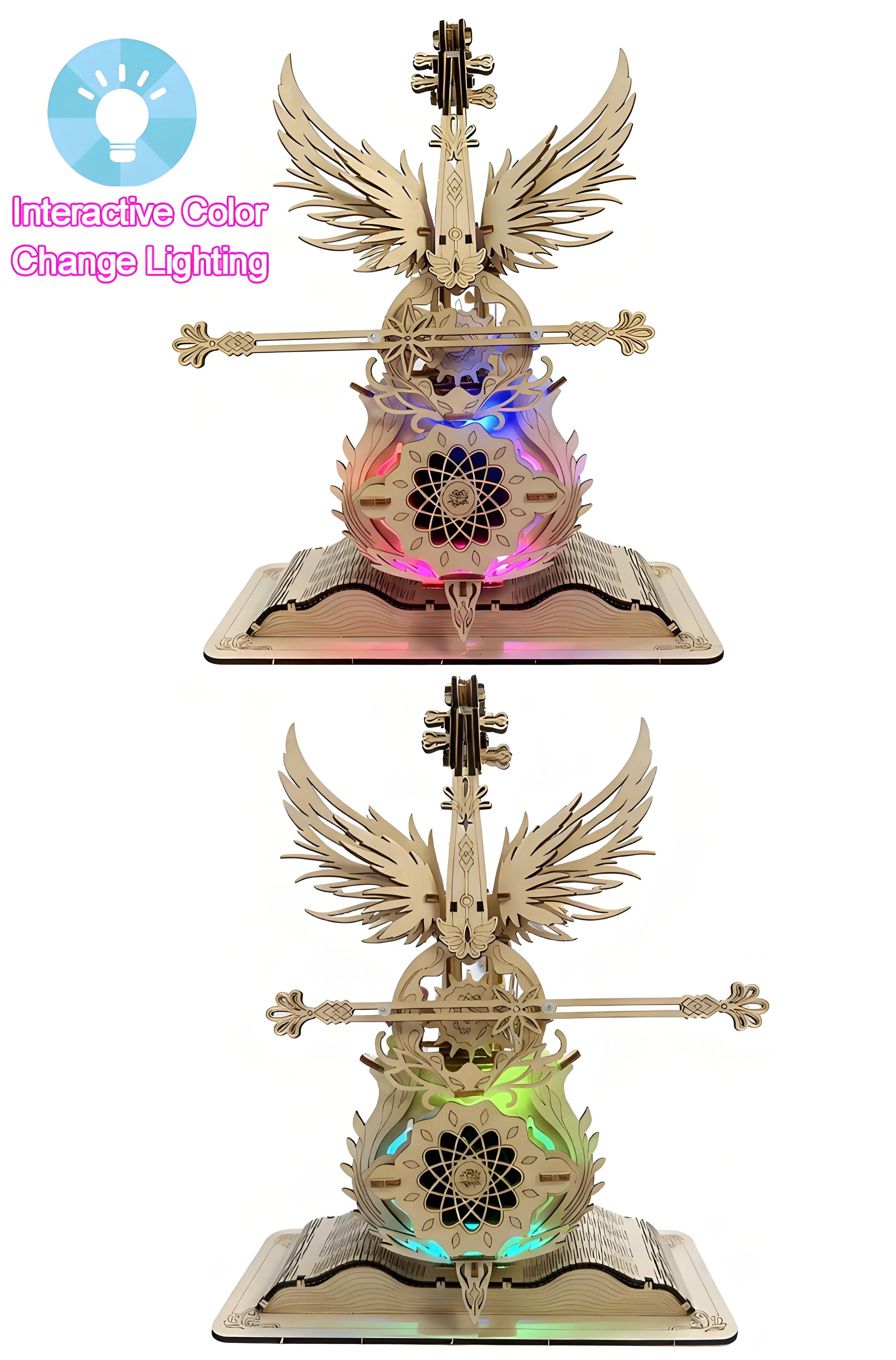 Close-up of linden wood craftsmanship and Bluetooth speaker module in DIY cello kit, highlighting fine wood texture and motor module.