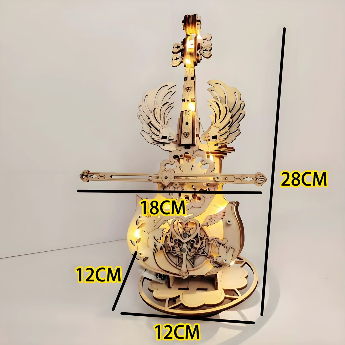 Gift ready: premium 3D linden wood cello music box kit in packaging with tools and instruction manual