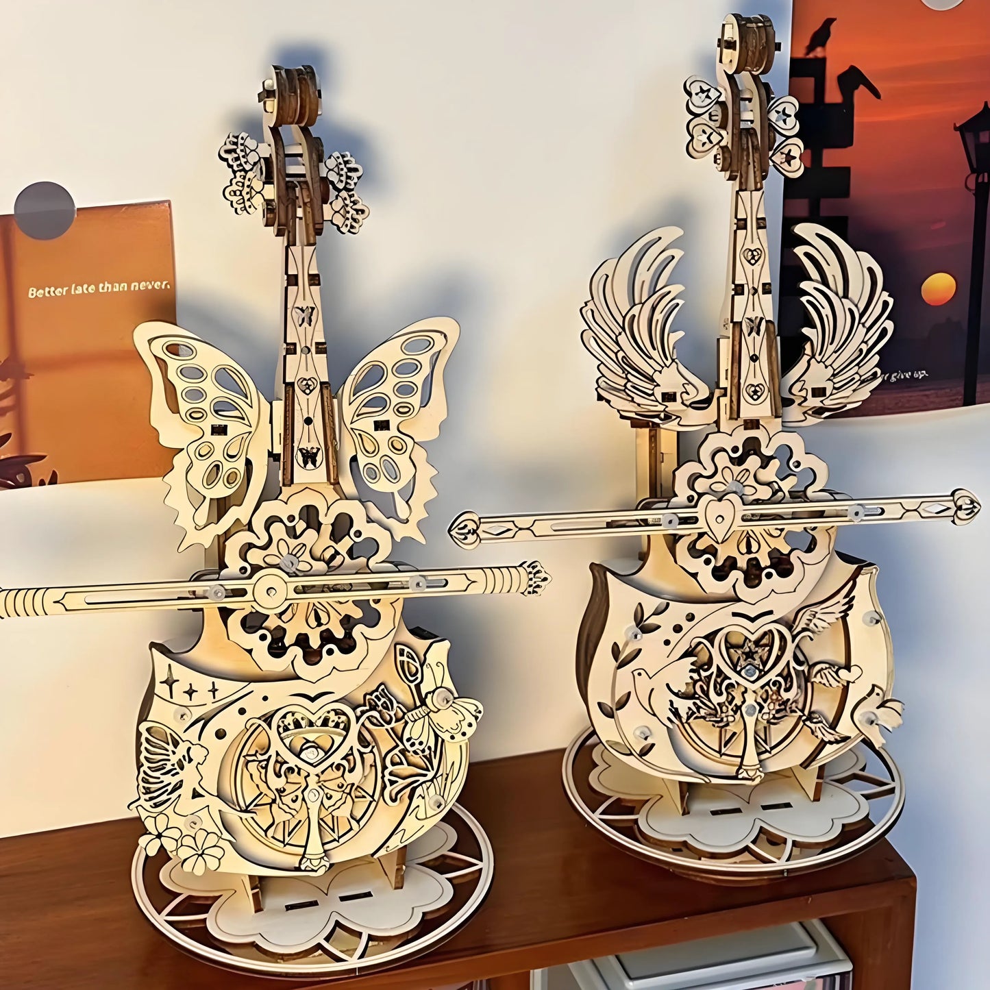 Wind‑up mechanical movement inside the wooden cello music box – no batteries needed