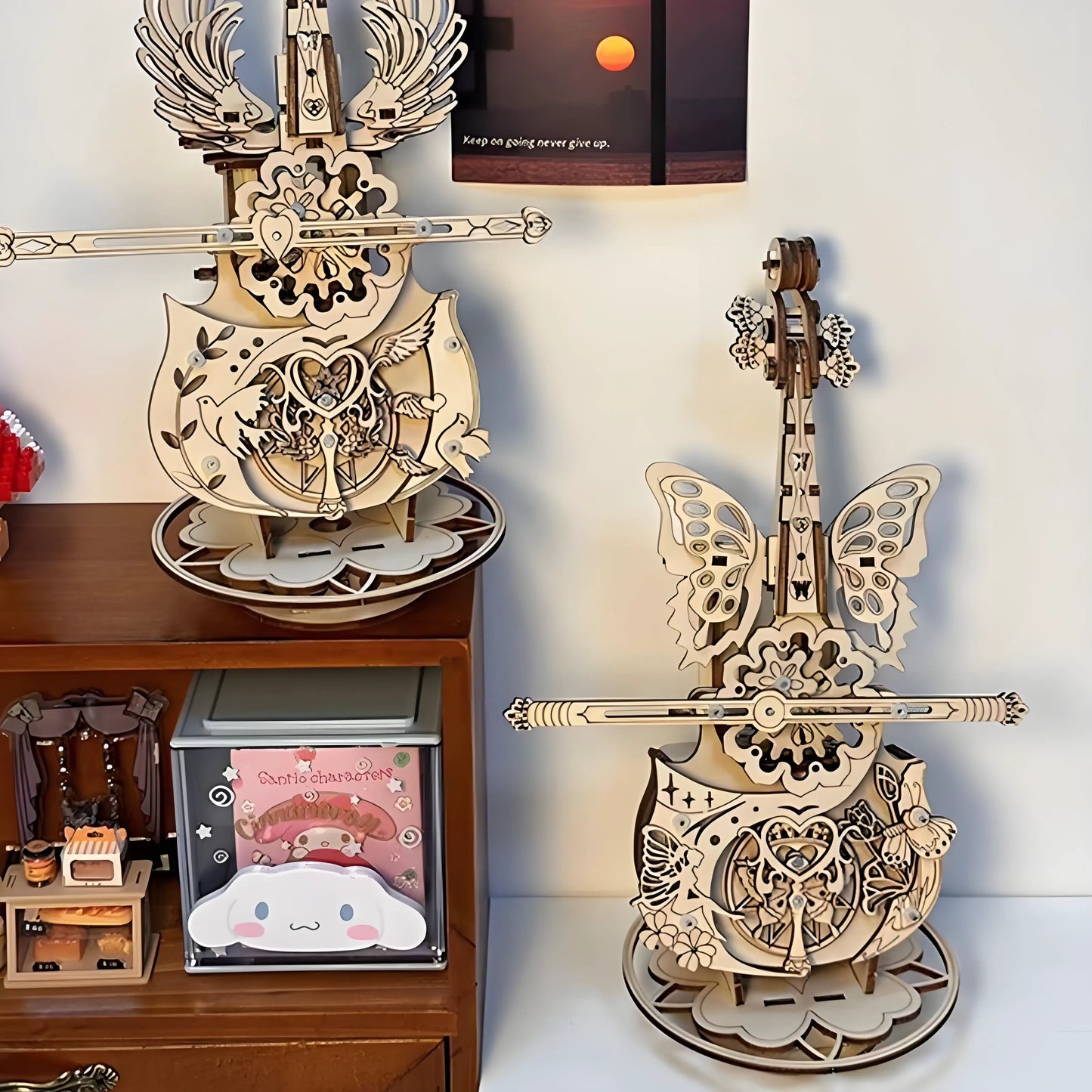 Wind‑up mechanical movement inside the wooden cello music box – no batteries needed