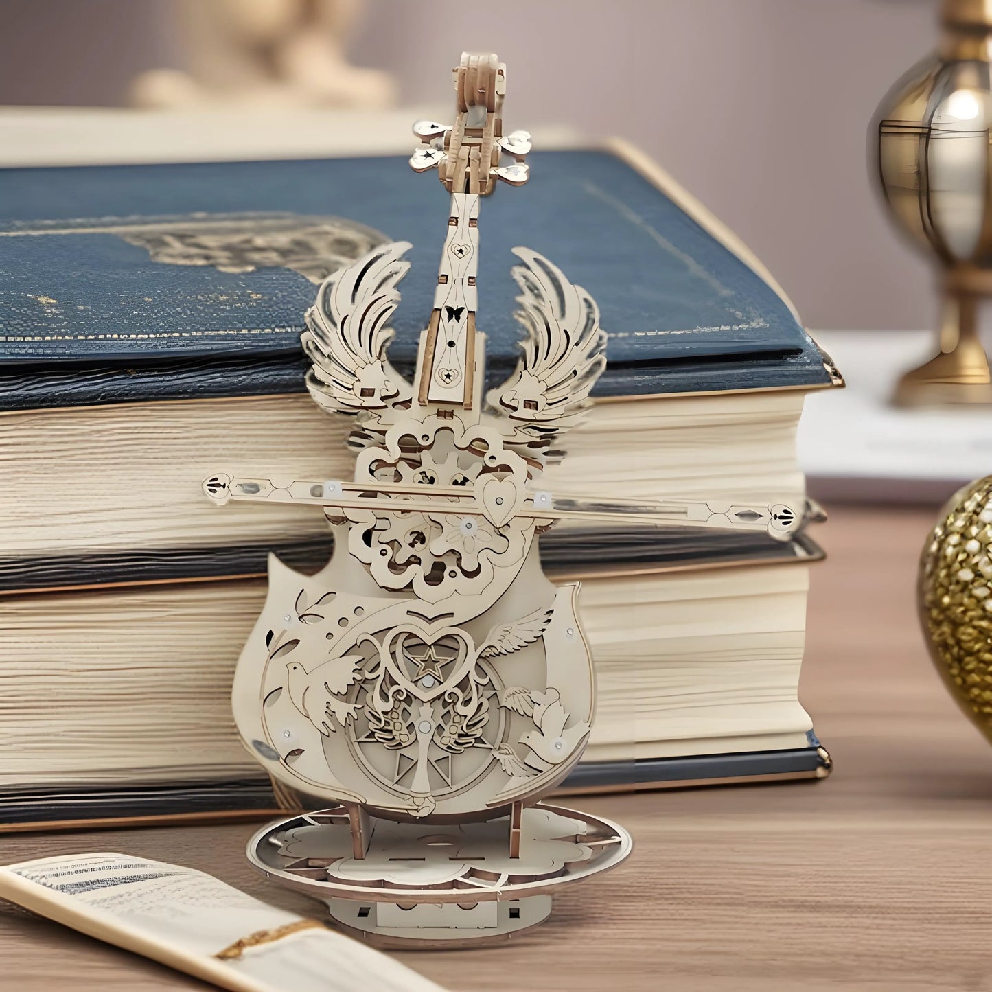 Finished wooden cello music box displayed on shelf – elegant home décor and craft project