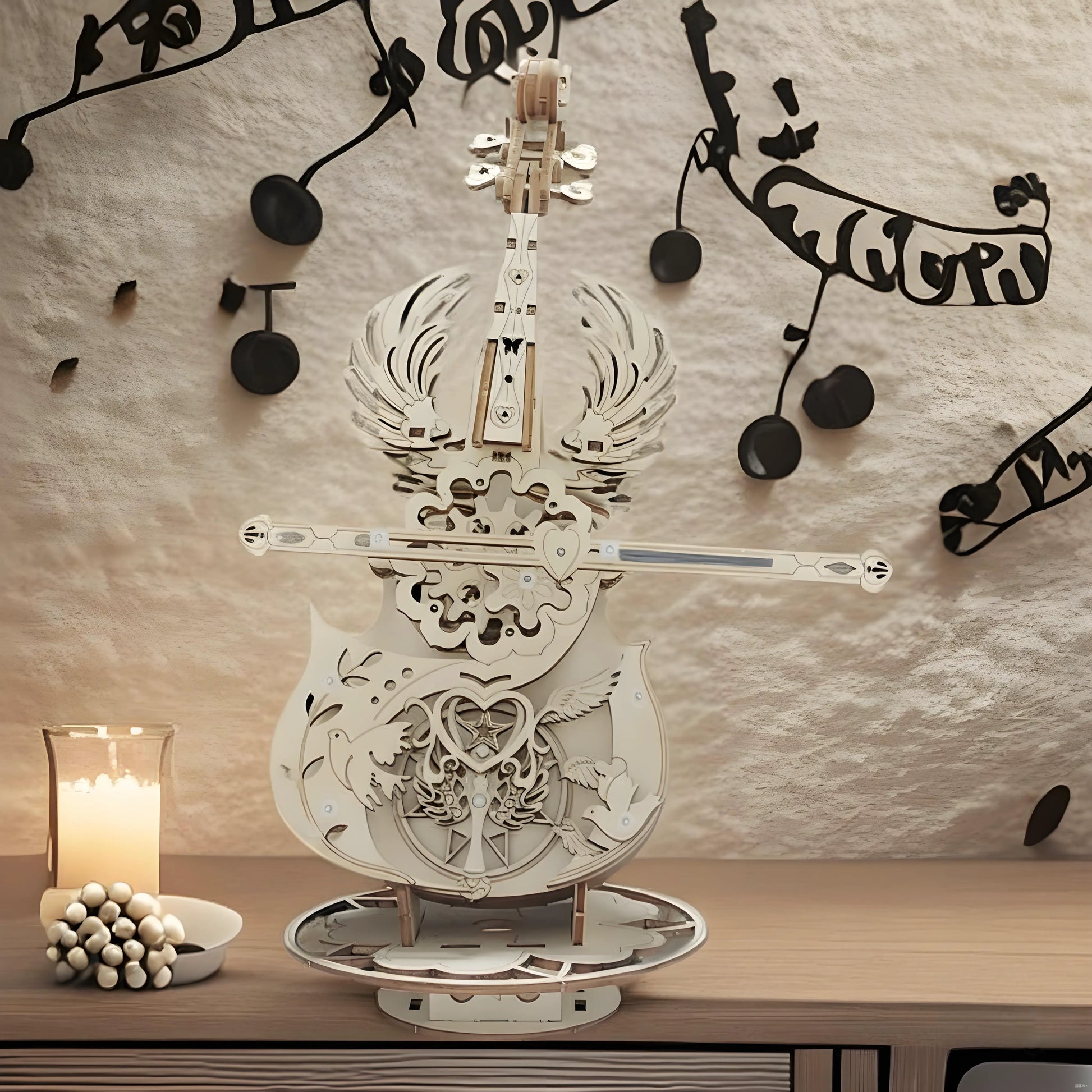 Close‑up of natural linden wood texture on cello body from the DIY music box kit