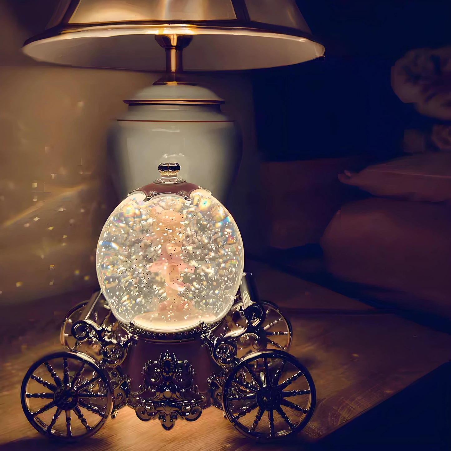 Pumpkin carriage musical snow globe displayed as decorative gift for birthdays and holidays