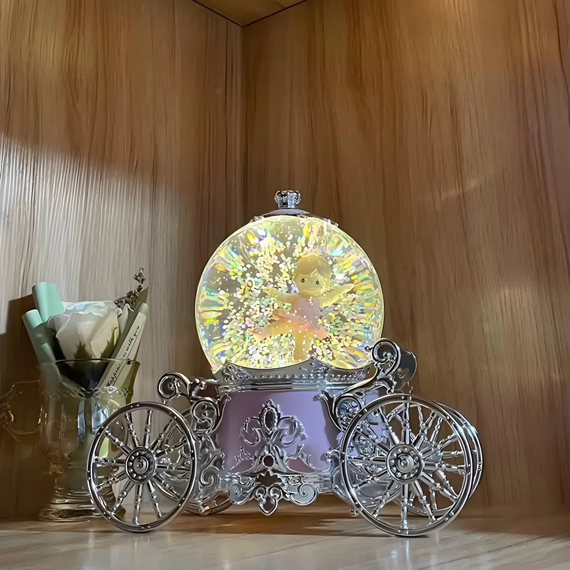 Pumpkin carriage snow globe gift packaging and product detail for gifting occasions