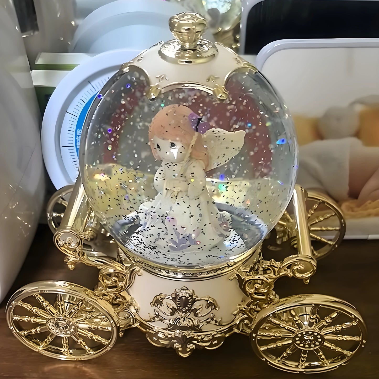 Pumpkin carriage musical snow globe size reference, compact design suitable for desk shelf and tabletop