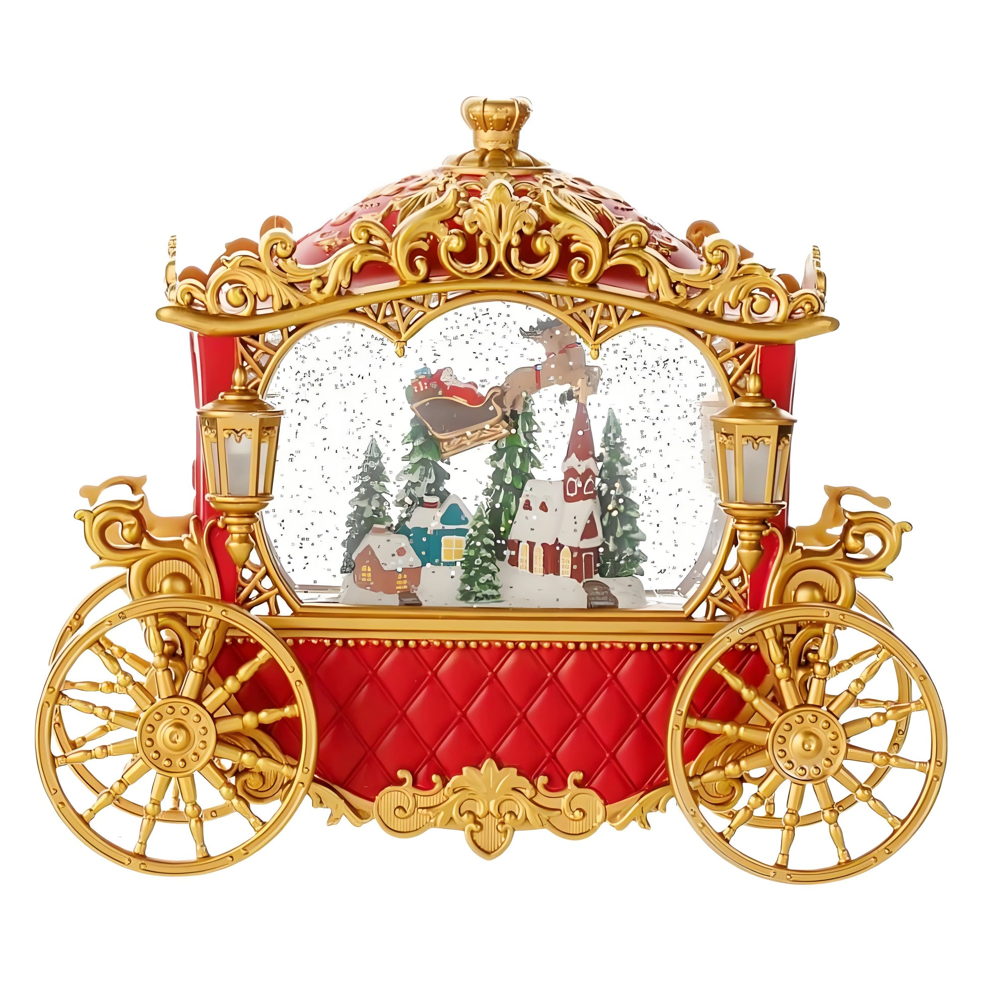 Top view of Christmas carriage snow globe showing rotating wheels