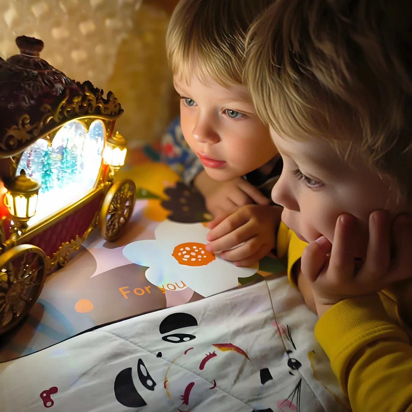 Side view of elegant Christmas carriage snow globe with glowing lights