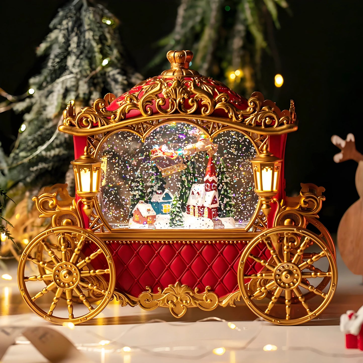 Evening ambience with glowing LED lights and swirling snow inside globe