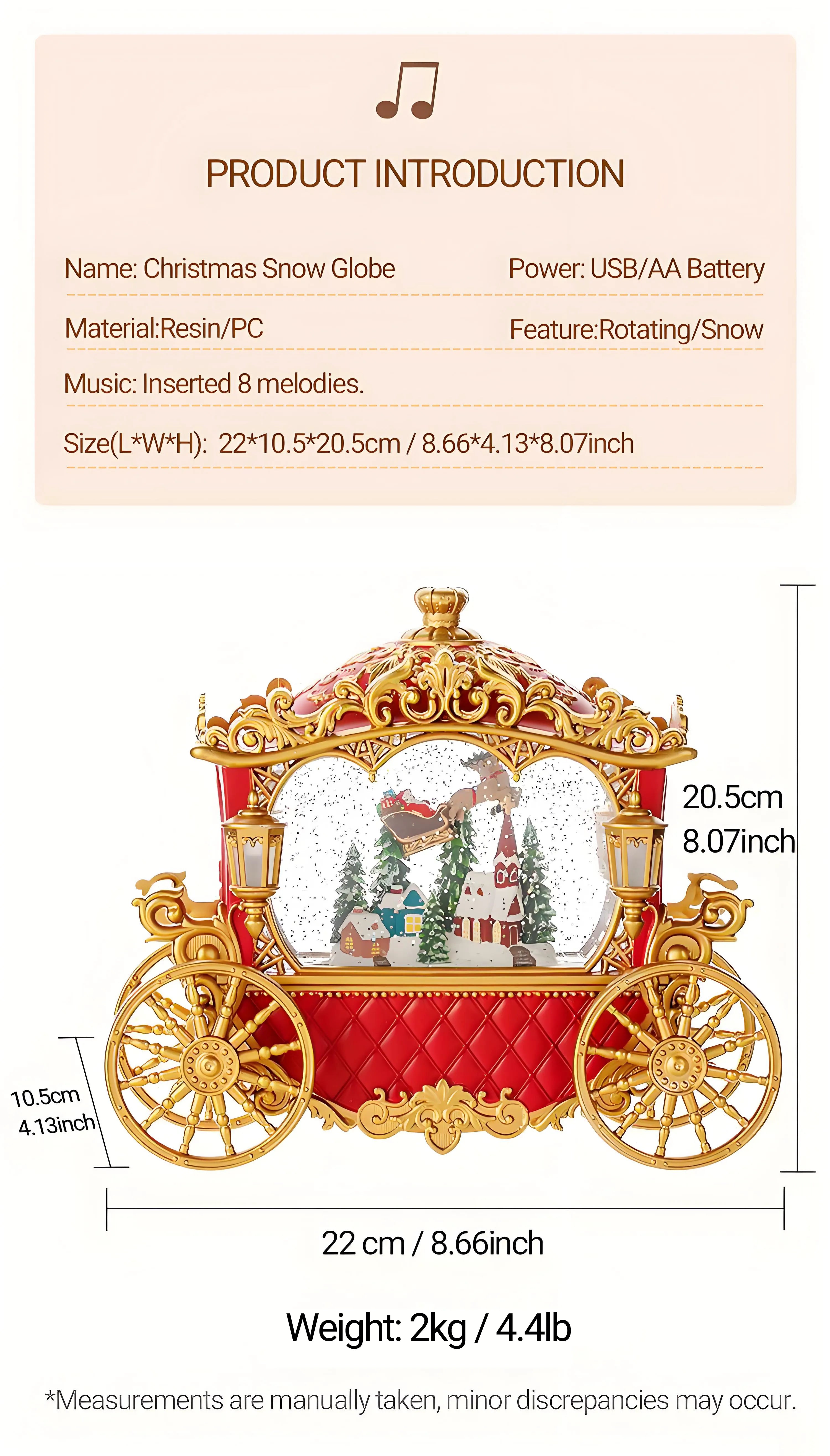 Rotating Wheel Christmas Carriage Snow Globe Music Box with LED Lights and Snow Effect