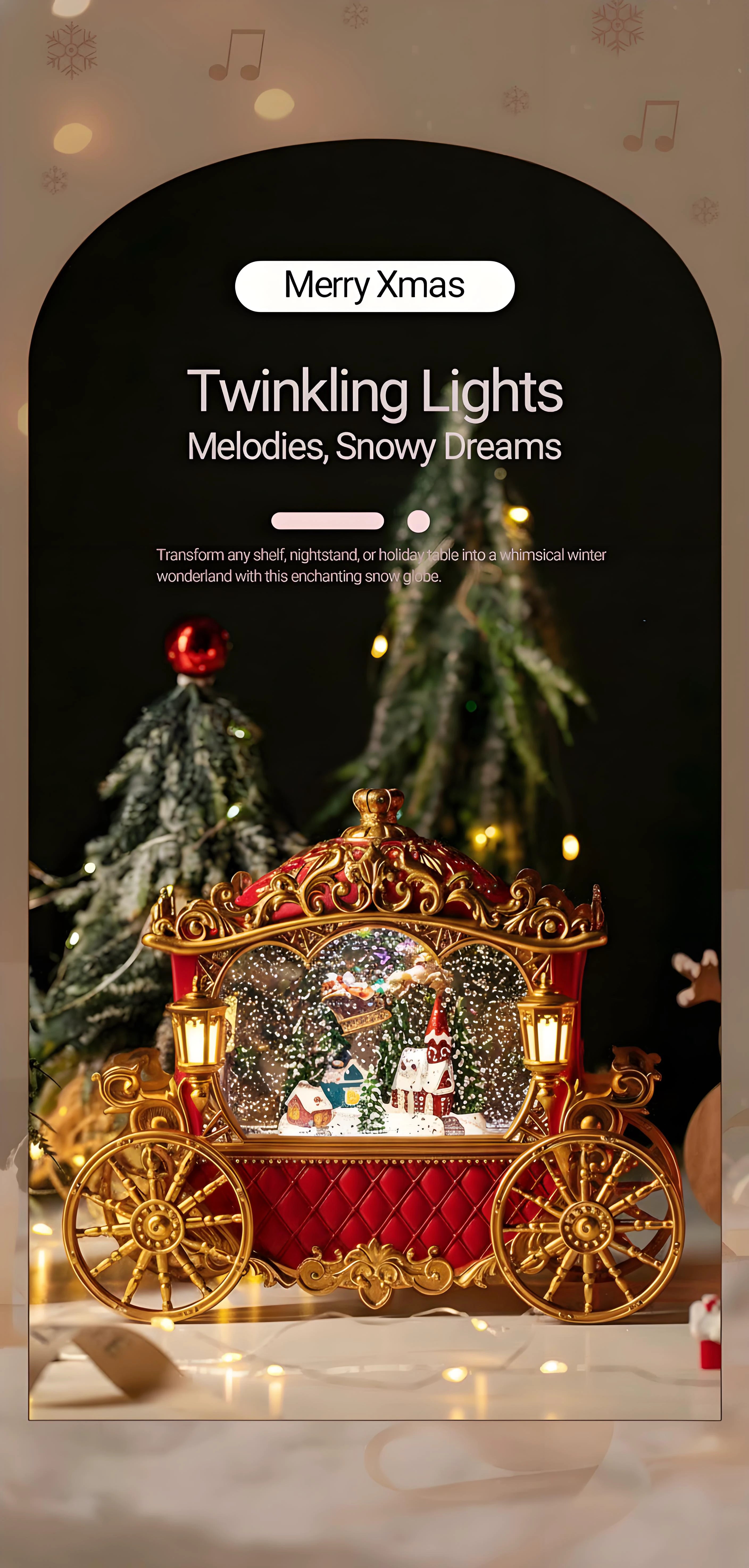 Close-up of rotating carriage wheels inside the Christmas snow globe