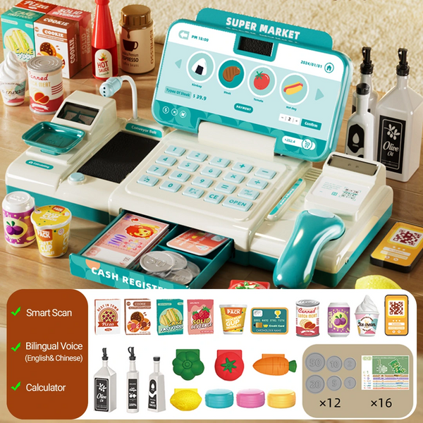 Kids role-play checkout station with bilingual scanning, music, alarm sounds, and multiple functions for sensory and language learning