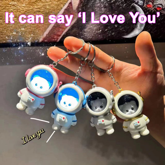 Talking “I Love You” astronaut keychain glowing in sunset tones, ideal for car keys and backpacks