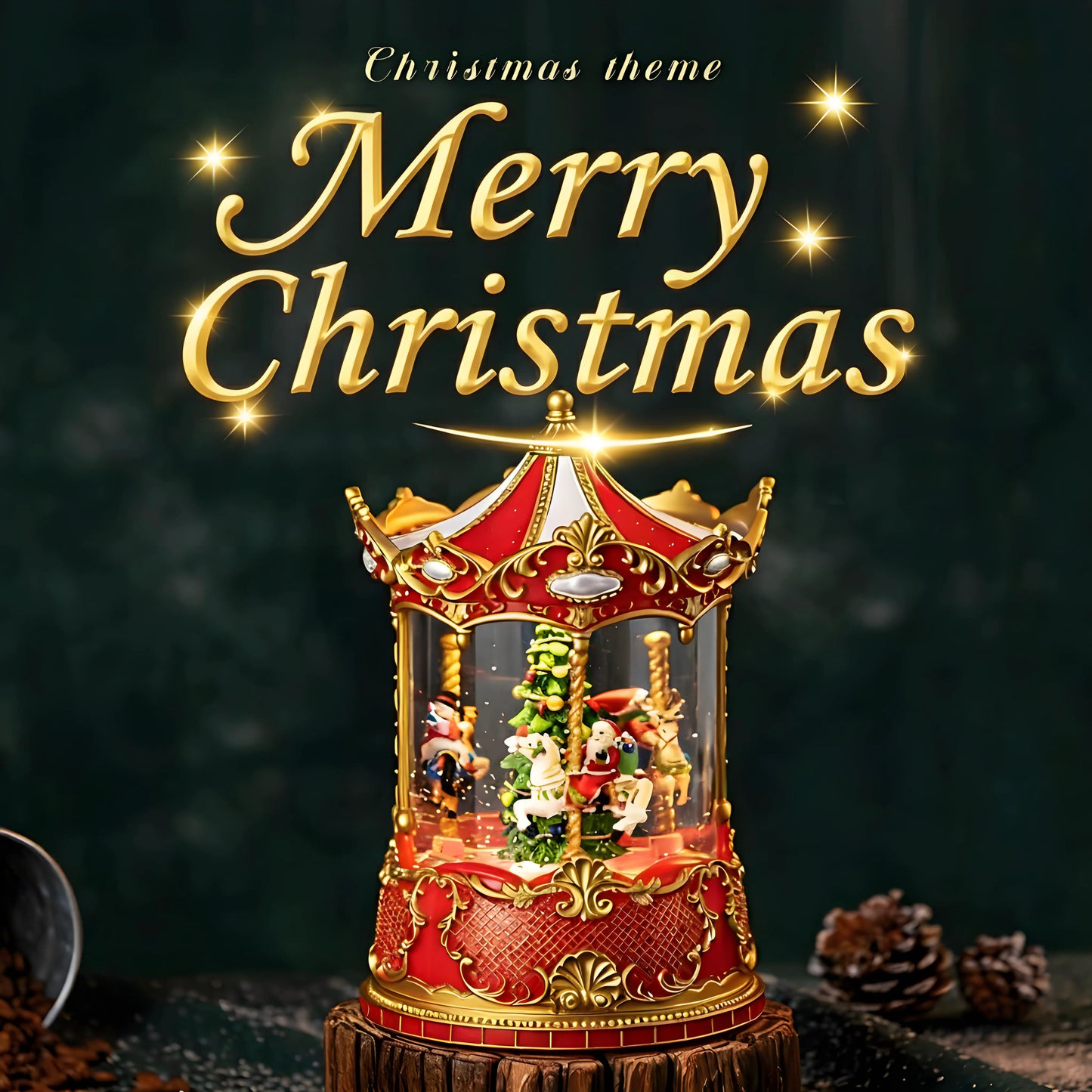 LED-lit Christmas carousel music box glowing in a dark room