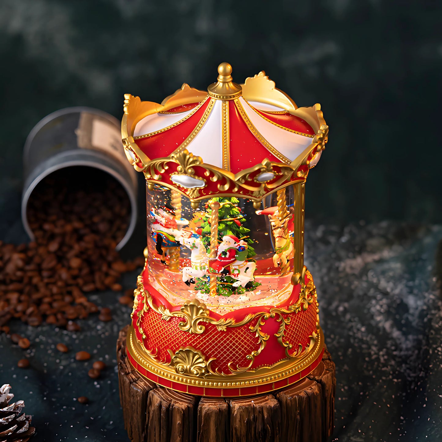 Vintage Christmas carousel music box with Santa and Nutcracker figurines