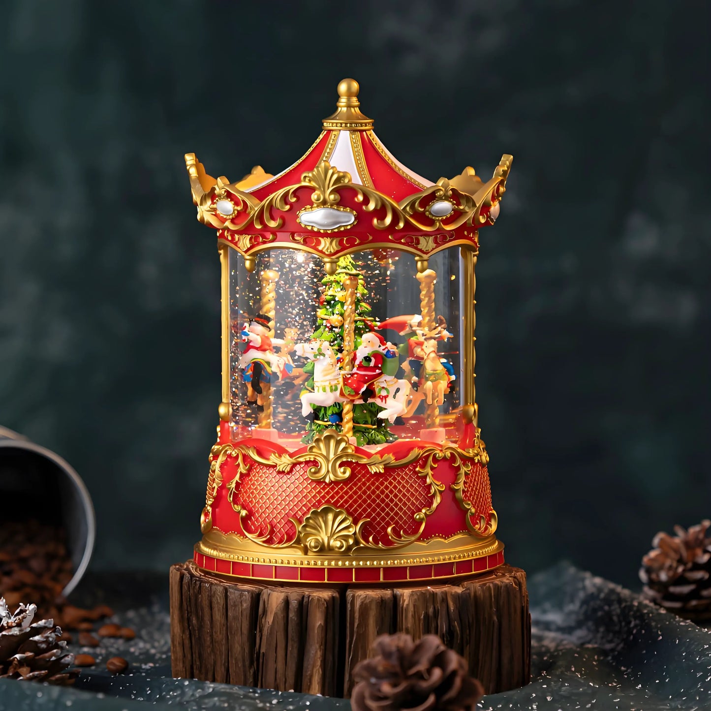 Close-up of Santa and Nutcracker decorations on vintage holiday music box