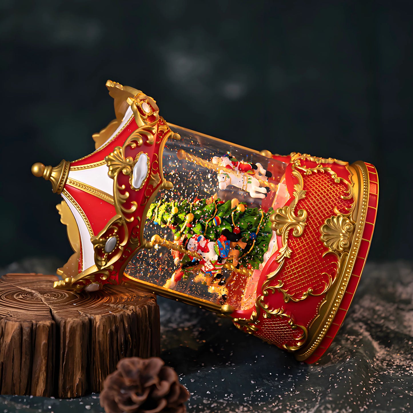 Rotating Christmas carousel with warm LED lights and snow-globe glitter effect