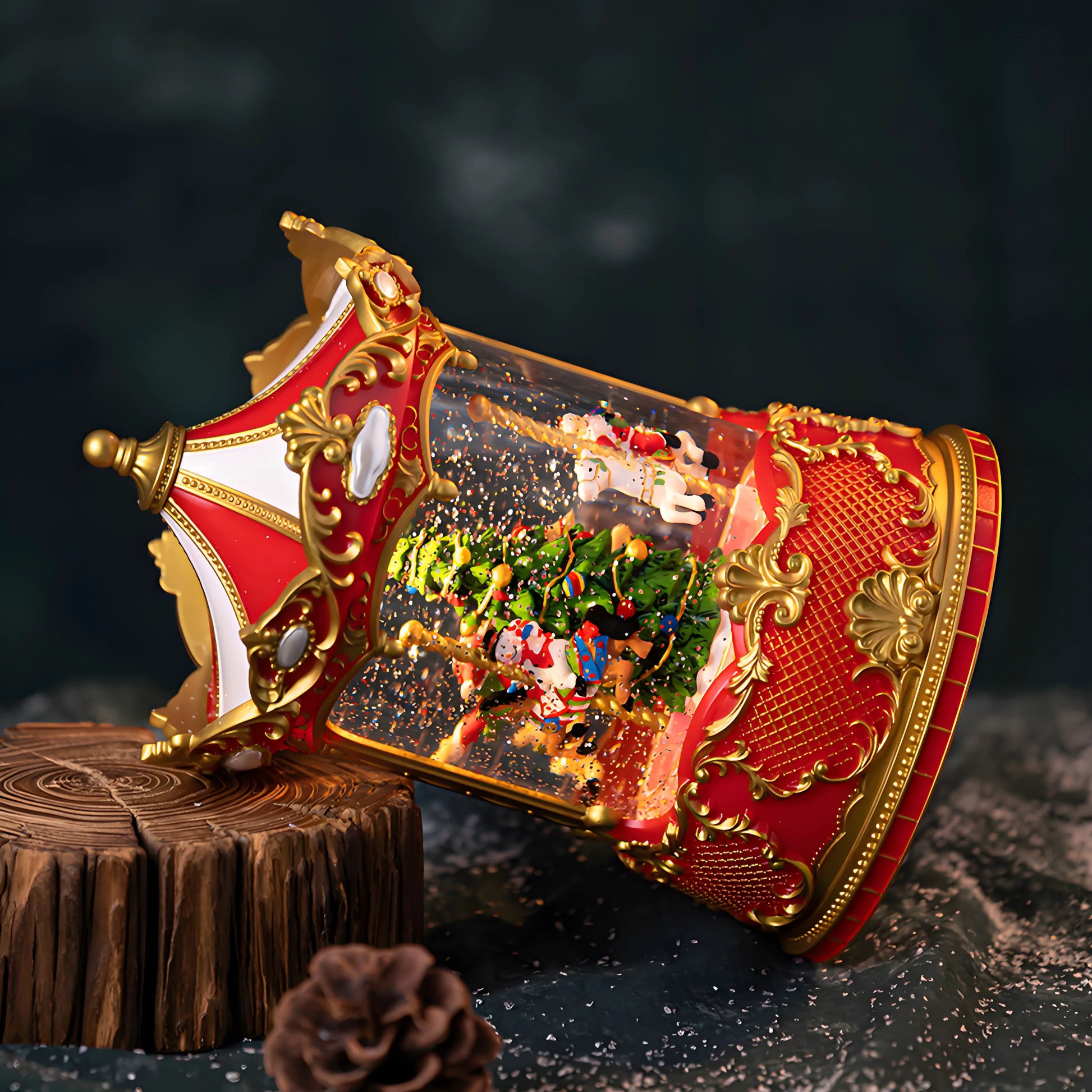 Rotating Christmas carousel with warm LED lights and snow-globe glitter effect