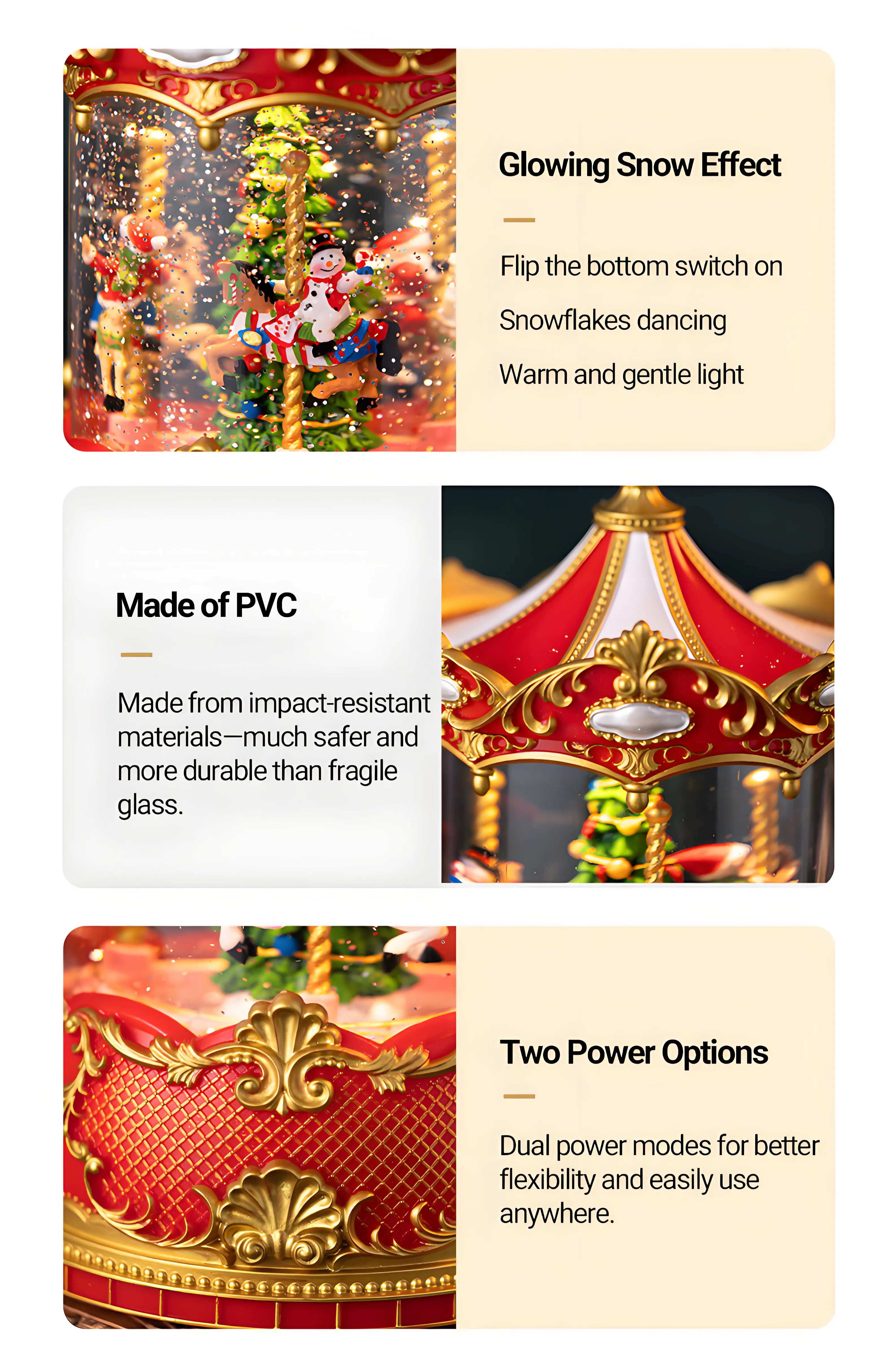 Glitter swirling snow effect inside Christmas carousel snow globe