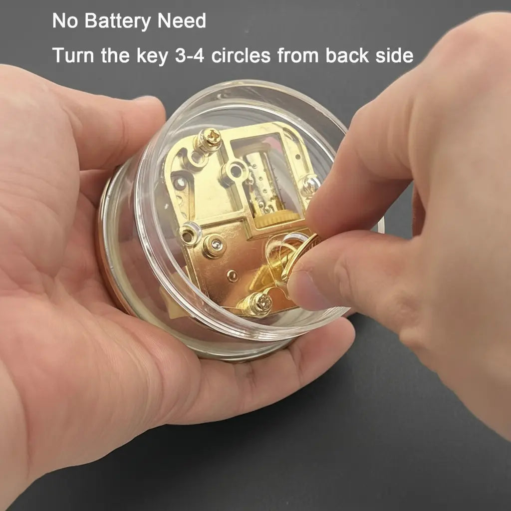 Compact vintage style wind-up music box, transparent body, visible golden clockwork mechanism