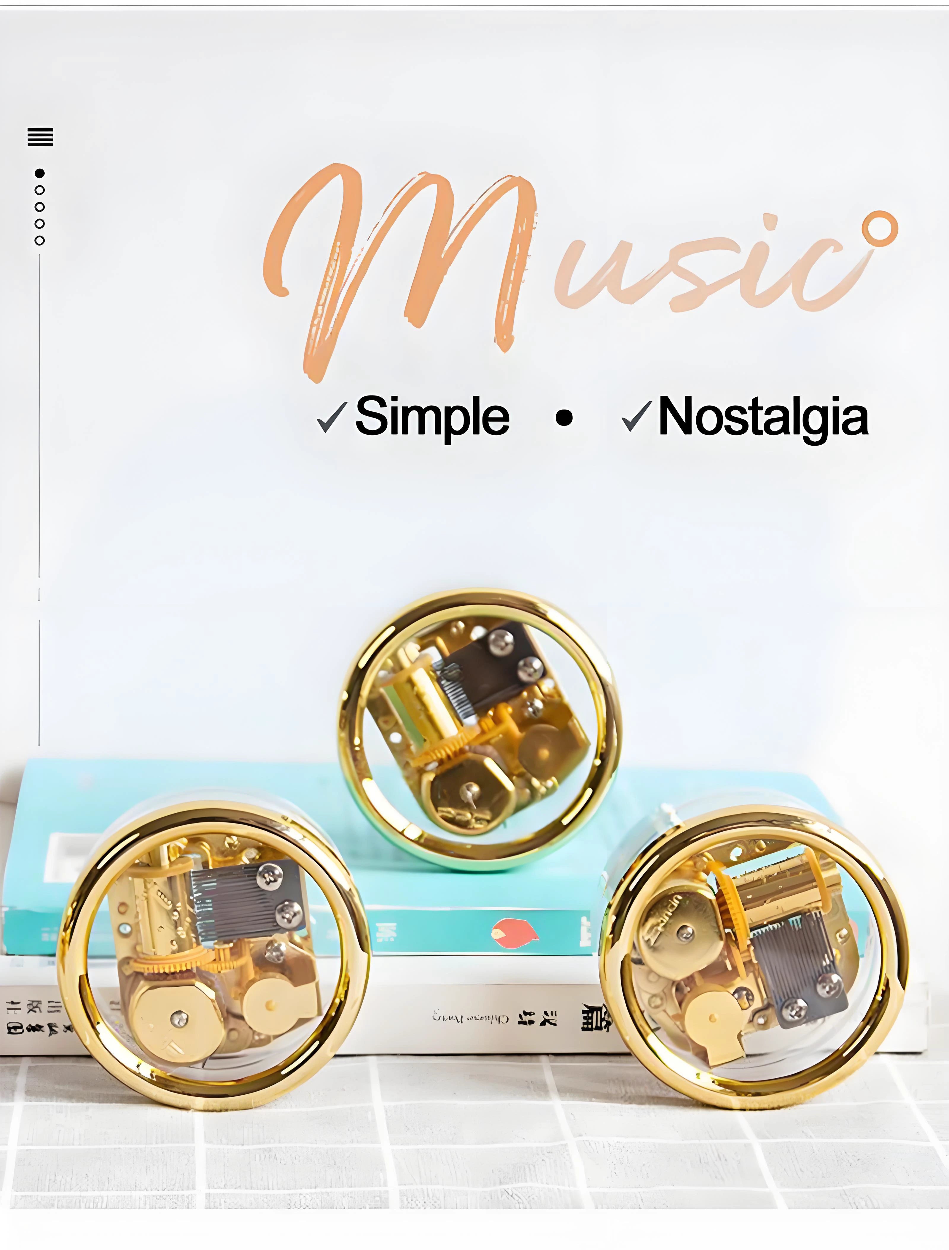 Gold music box components on a white background with 'Music' text.