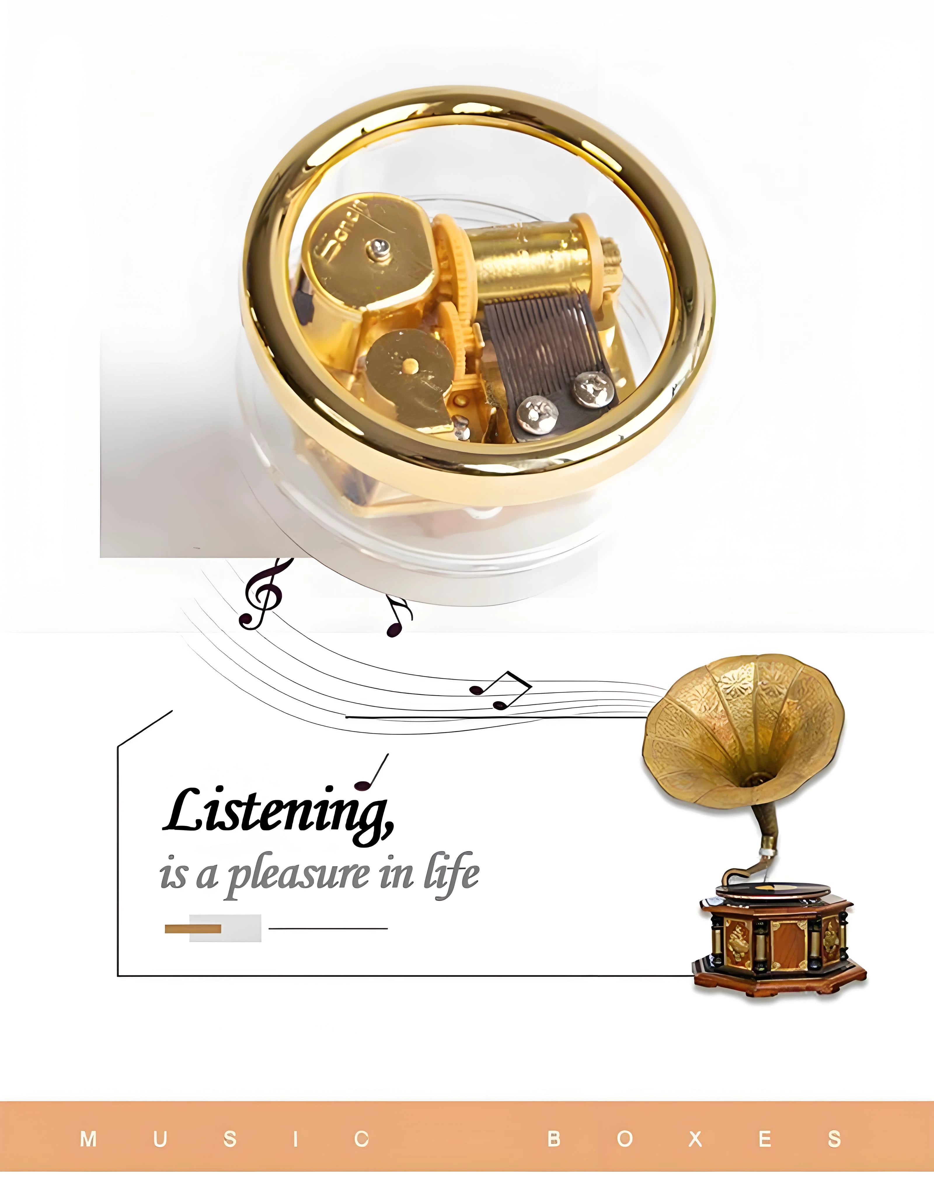 Gold music box with mechanical components on a white background, featuring text 'Listening is a pleasure in life'.