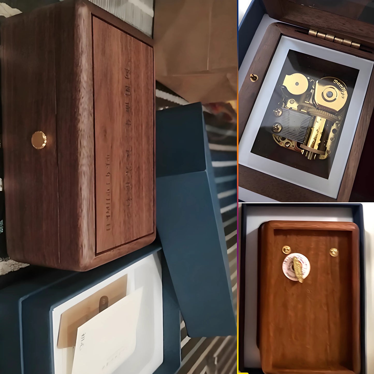 Collage of a wooden box with intricate design, including a close-up of a mechanical component.