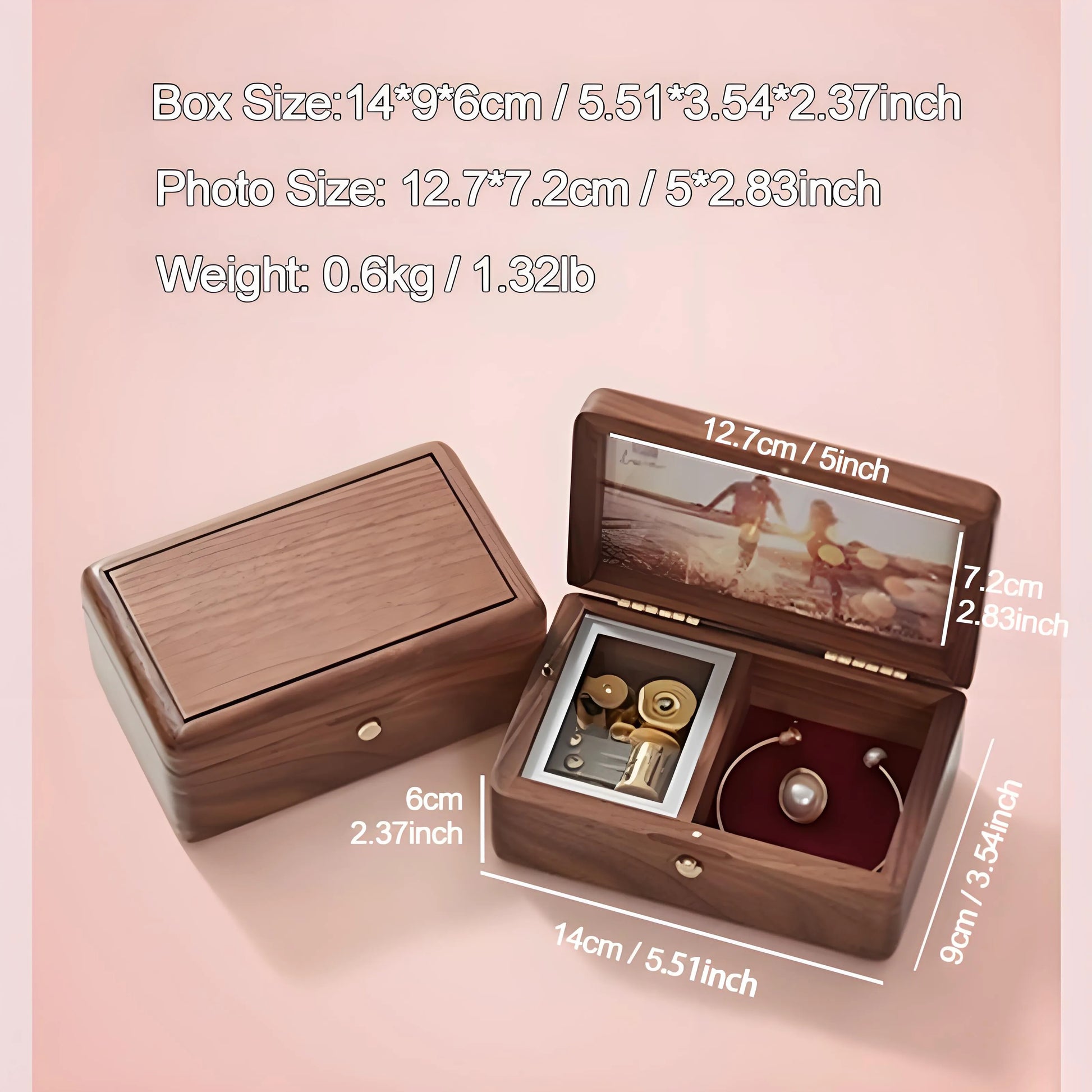 Wooden music box with open lid showing mechanical components, dimensions labeled, on a pink background.
