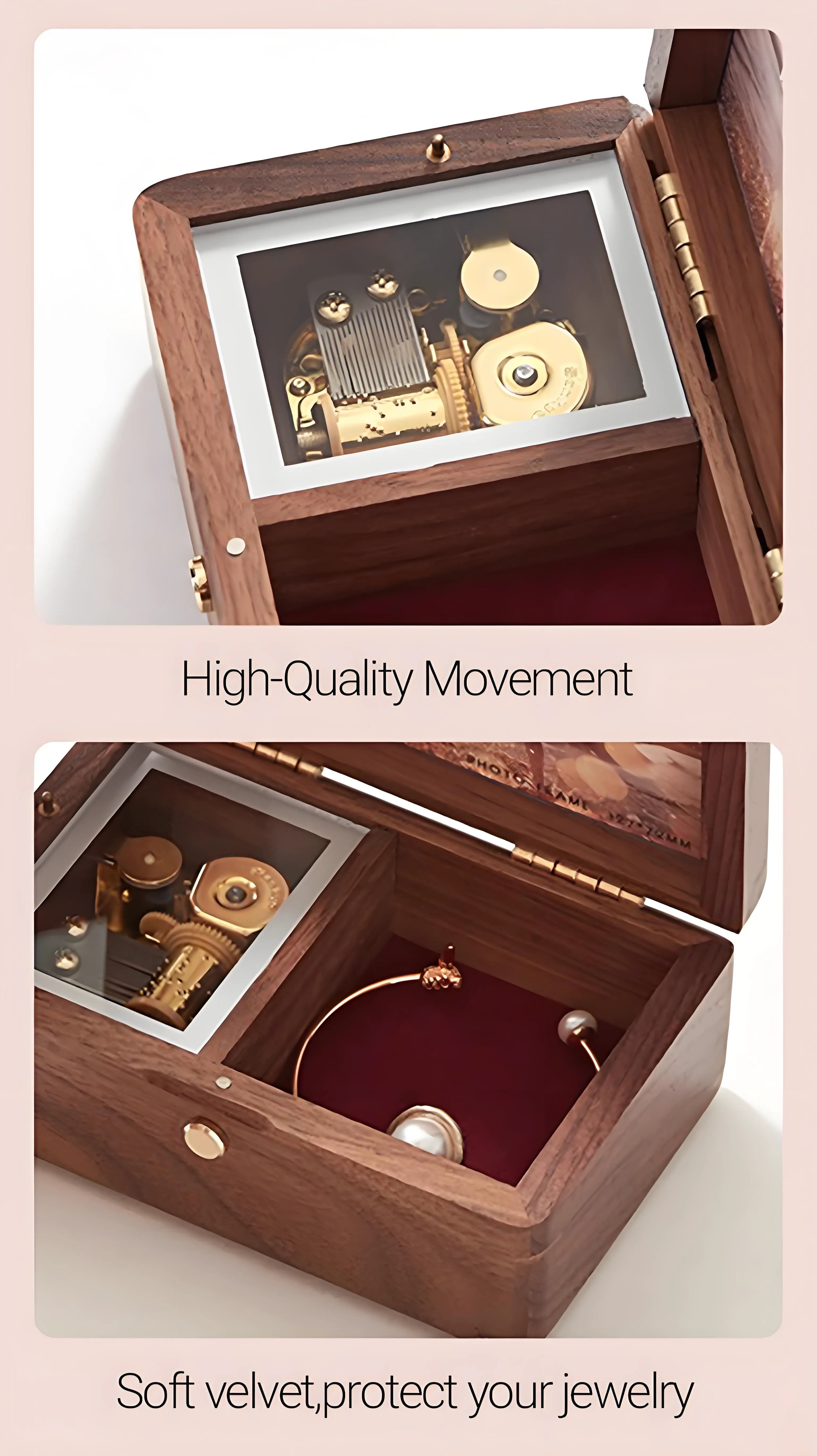 Mechanical wind-up music movement inside walnut wooden jewelry box, plays soothing melody