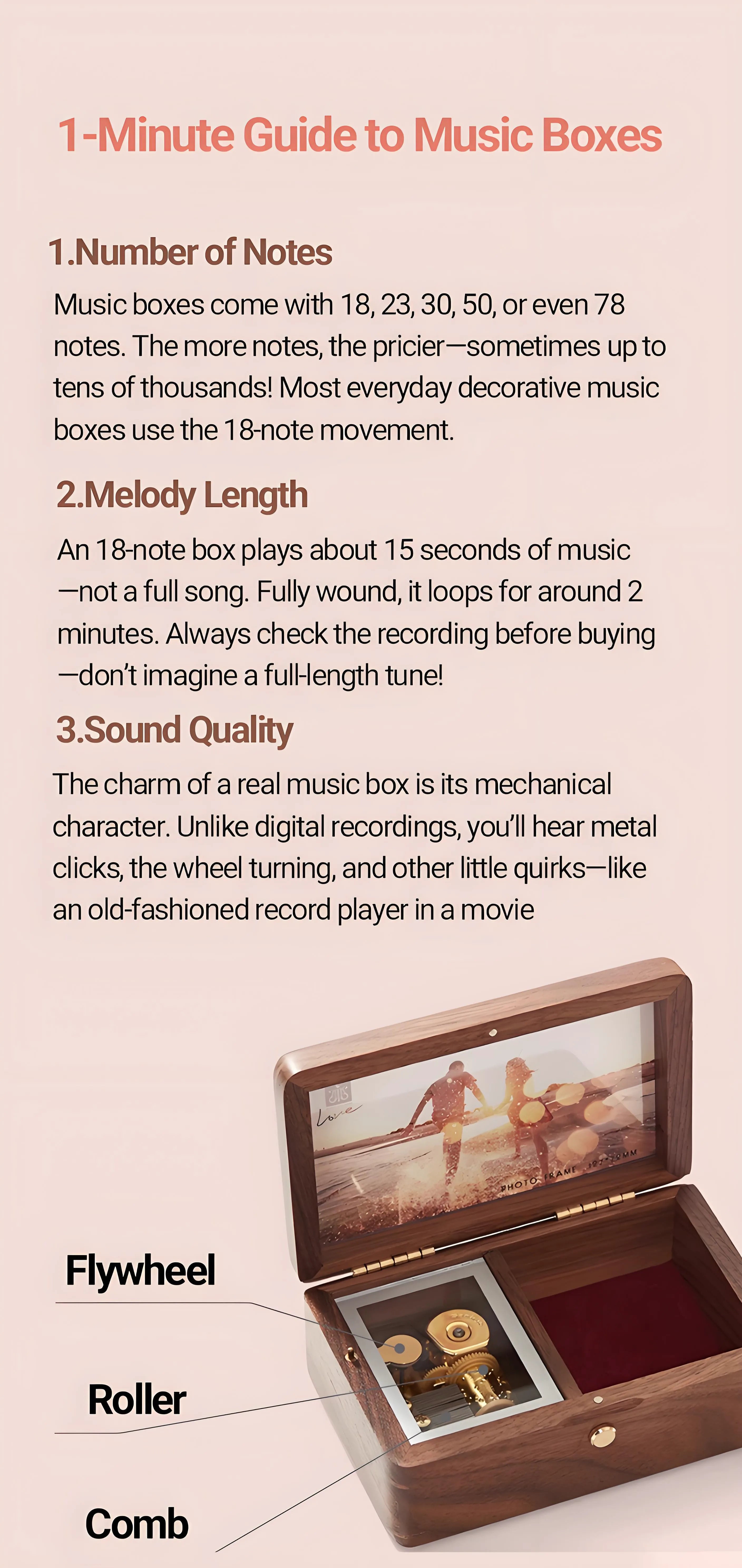 Mechanical wind-up music movement inside walnut wooden jewelry box, plays soothing melody