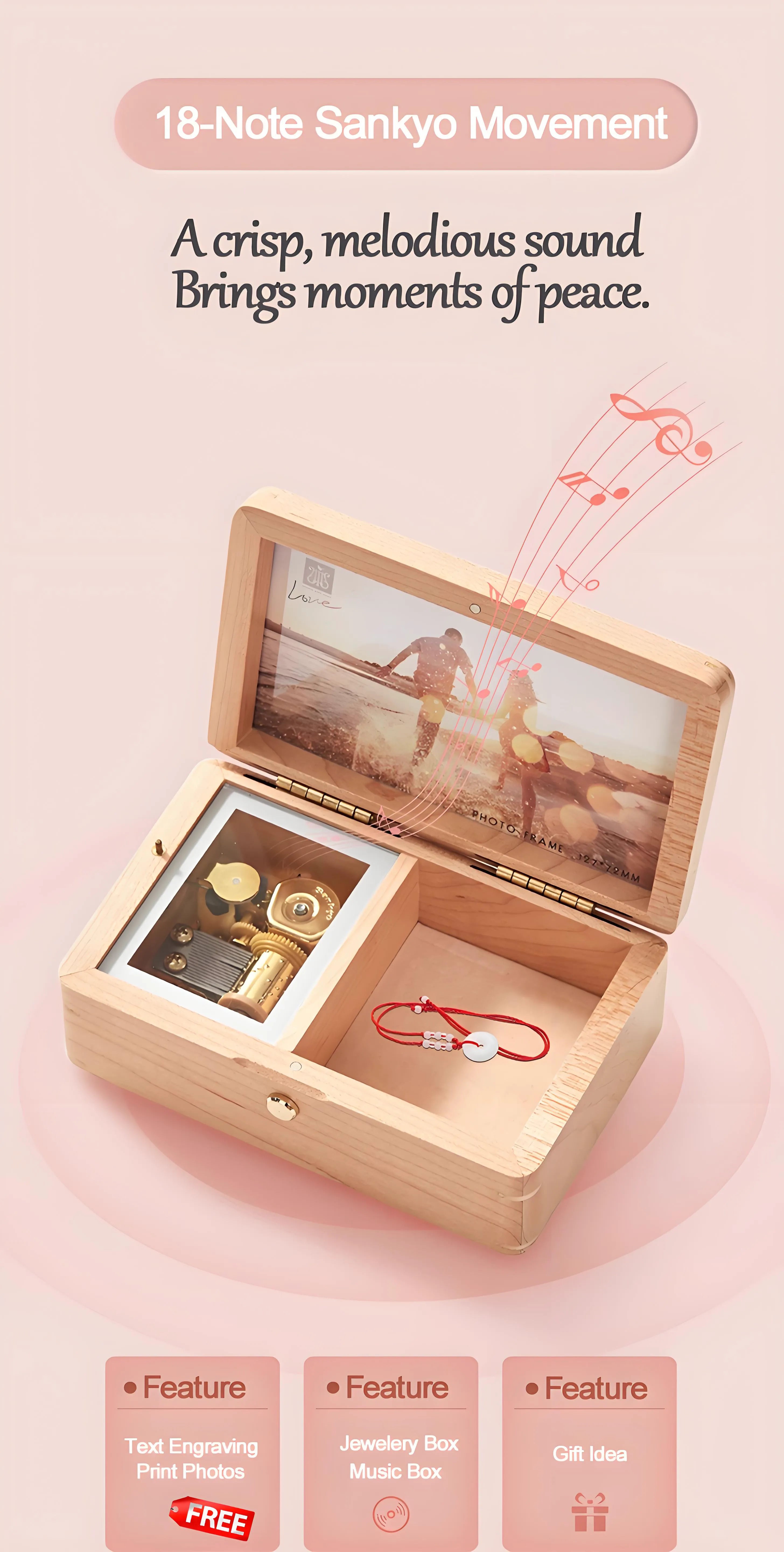 Mechanical wind-up music movement inside walnut wooden jewelry box, plays soothing melody