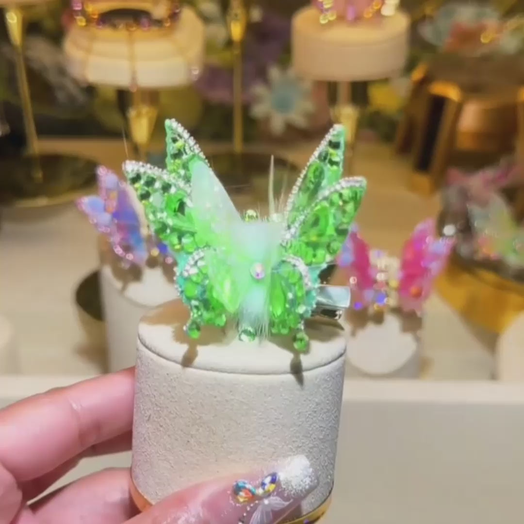 Butterfly hair clip styled in curly hair creating a soft fairy-like and romantic vibe